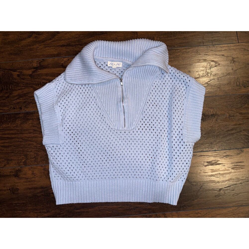 She+Sky Quarter Zip Blue Crochet Top
